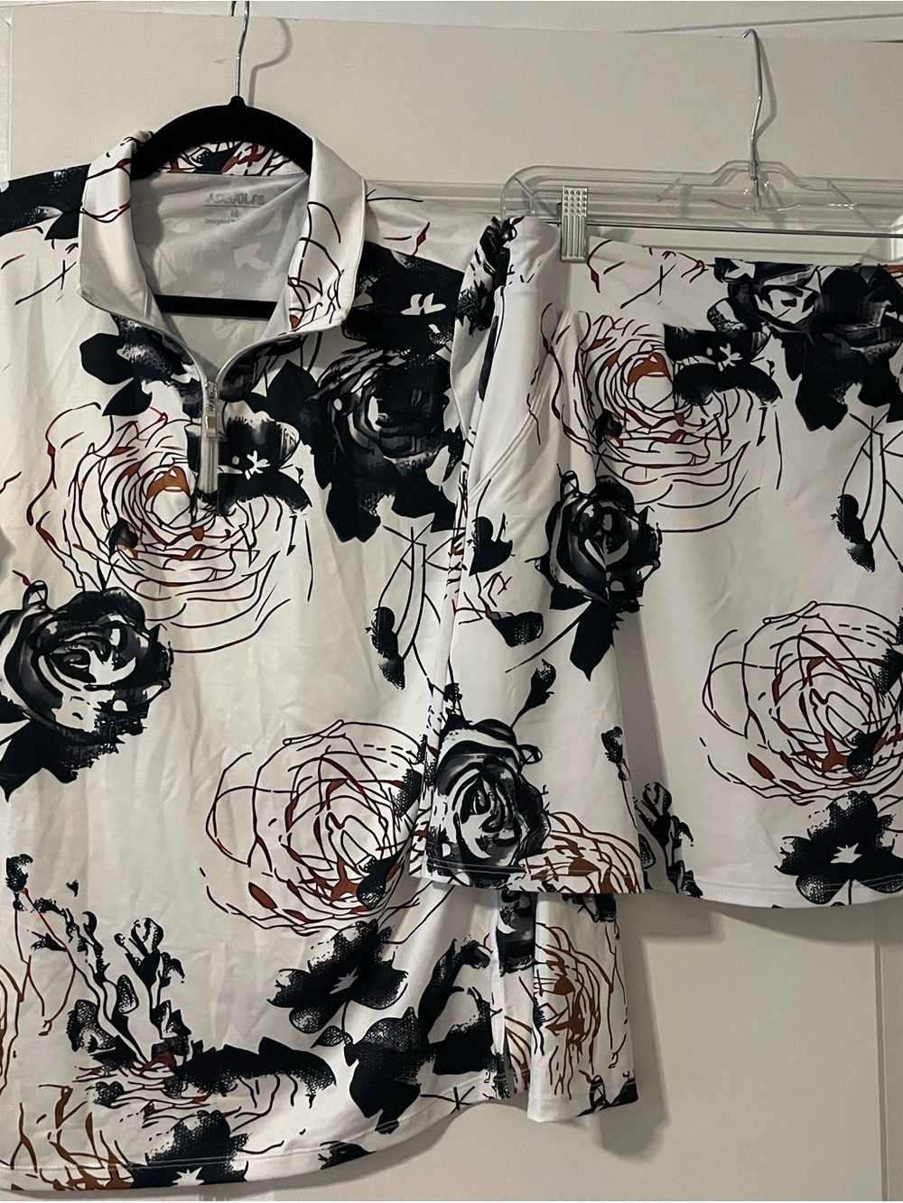 Floral Half-Zip Top and Skirt Set - White with Black & Brown Floral Print